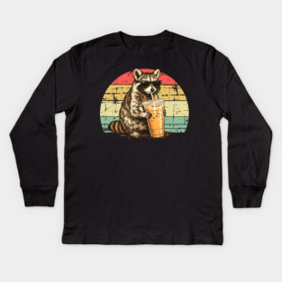 Raccoon-Drinking-Iced-Coffee Kids Long Sleeve T-Shirt