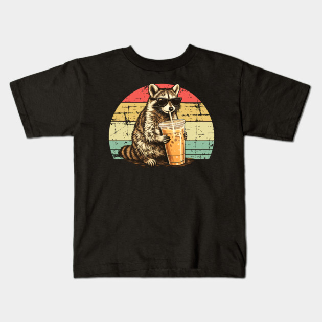 Raccoon-Drinking-Iced-Coffee Kids T-Shirt by BlackMeme94
