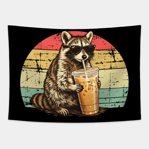 Raccoon-Drinking-Iced-Coffee Tapestry by BlackMeme94