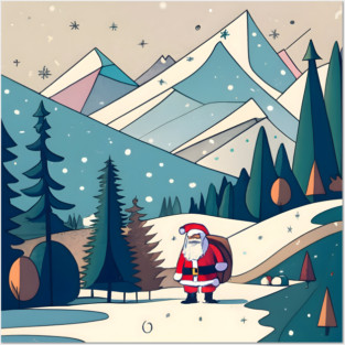 Christmas Santa in Winter Landscape Drawing Posters and Art