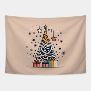 Modern Christmas Tree with Presents Drawing Tapestry