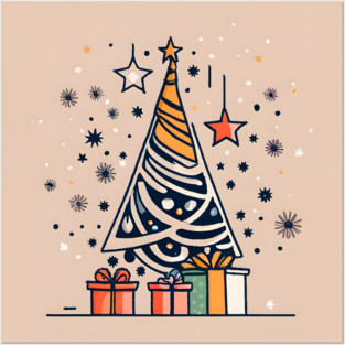 Modern Christmas Tree with Presents Drawing Posters and Art