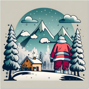 Christmas Santa Claus Winter Landscape Drawing Posters and Art