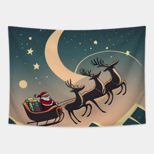 Santa Claus in sleigh with reindeers Minimalistic Drawing Tapestry