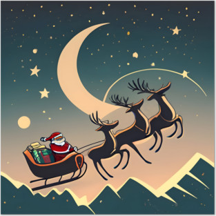 Santa Claus in sleigh with reindeers Minimalistic Drawing Posters and Art