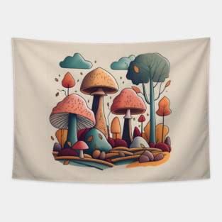 Autumn Landscape with Mushrooms Drawing Tapestry