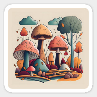 Autumn Landscape with Mushrooms Drawing Sticker