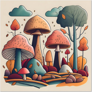 Autumn Landscape with Mushrooms Drawing Posters and Art