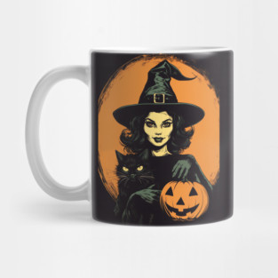 Vintage Retro Halloween Witch with Black Cat and Jack-O-Lantern Mug