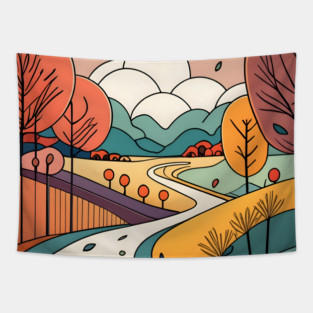 Autumn Landscape Minimalistic Drawing Tapestry