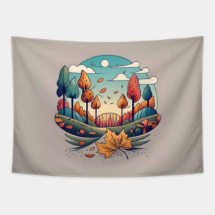 Autumn Forest Minimalistic Drawing Tapestry