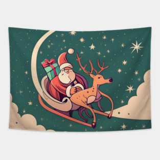 Santa Claus in Sleigh Minimalistic Drawing Tapestry