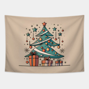 Modern Christmas Tree Minimalistic Drawing Tapestry