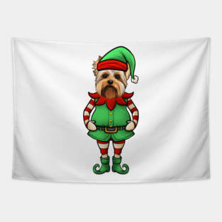 Funny Christmas Elf Biewer Terrier Dog Tapestry