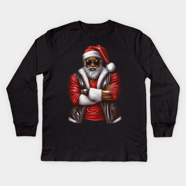 Cool Black Santa, African American Santa Kids Long Sleeve T-Shirt by UrbanLifeApparel