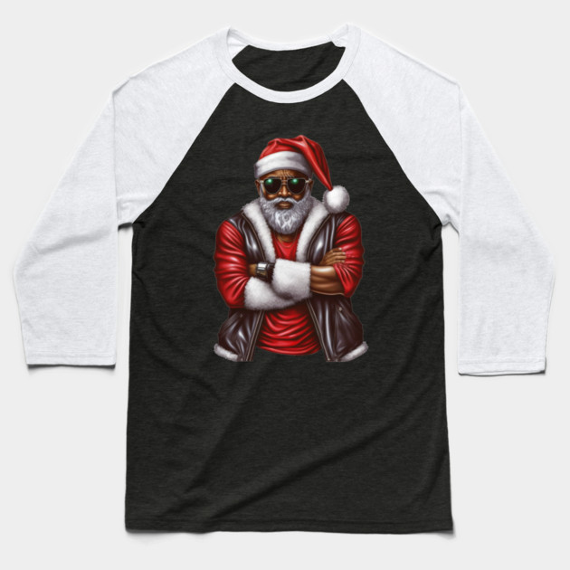 Cool Black Santa, African American Santa Baseball T-Shirt by UrbanLifeApparel