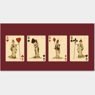 Four Queens of Vintage Playing Cards: Spades, Hearts, Diamonds, and Clubs Posters and Art