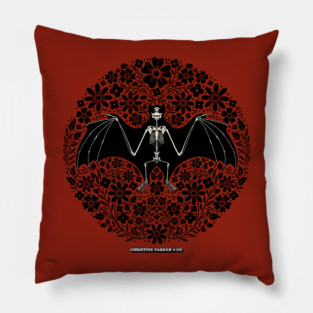 Bloodsuckers and Botany Vampire Bat Skeleton Folk Art Flowers Pillow
