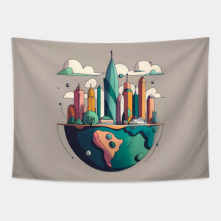 Earth with skyscrapers drawing Tapestry