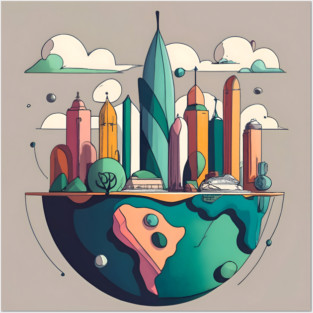 Earth with skyscrapers drawing Posters and Art