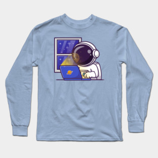 Cute Astronaut Working On Laptop In Space Cartoon Long Sleeve T-Shirt