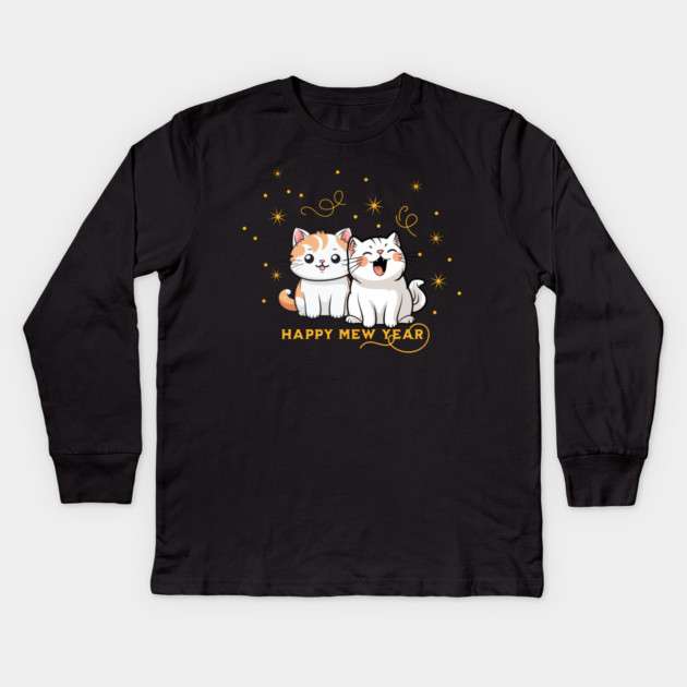 Happy Mew Year Party Cat Pun Kids Long Sleeve T-Shirt by HolidayBug
