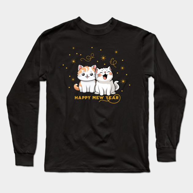 Happy Mew Year Party Cat Pun Long Sleeve T-Shirt by HolidayBug