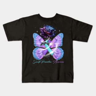 Suicide Prevention Awareness Ribbon Rose Butterfly Kids T-Shirt