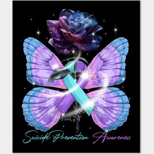 Suicide Prevention Awareness Ribbon Rose Butterfly Posters and Art
