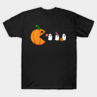 Pack Man Pumpkin Eating Ghosts - Funny Halloween, Unique, Special, Gift Idea, Retro Game, Arcade Game, Geek, Nerd, Gamer, Gaming, Lover Fan, Best for Men, Women, Kids, Dad, Black Cat, Witch, Costume, Skeleton, Ghost, Spooky, T-Shirt