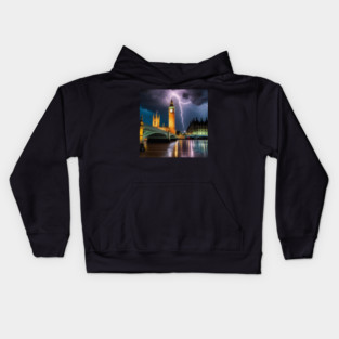 Iconic World Landmarks During A Thunderstorm: Big Ben London Kids Hoodie
