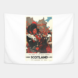 The Pipers of the Black Watch, Scotland - Vintage Travel Poster Design Tapestry