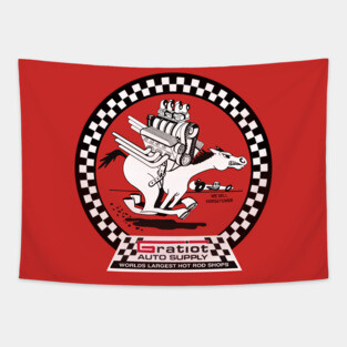 Vintage Gratiot Hot Rod Garage Sign  bought to you by MotorManiac Tapestry