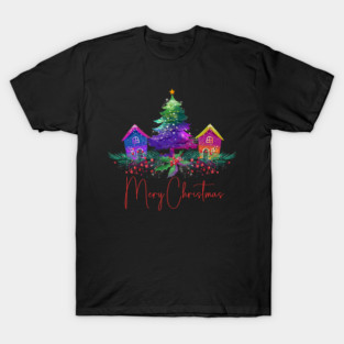 Vintage Christmas Village - Vibrant Colored Gingerbread Homes - Christmas Tree - Retro Christmas Scene T-Shirt