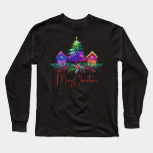Vintage Christmas Village - Vibrant Colored Gingerbread Homes - Christmas Tree - Retro Christmas Scene Long Sleeve T-Shirt