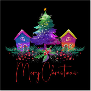 Vintage Christmas Village - Vibrant Colored Gingerbread Homes - Christmas Tree - Retro Christmas Scene Posters and Art