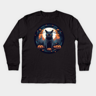 American Shorthair Black Cat Halloween, Cat Lover Kids Long Sleeve T-Shirt