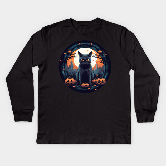 American Shorthair Black Cat Halloween, Cat Lover Kids Long Sleeve T-Shirt by logiamerch