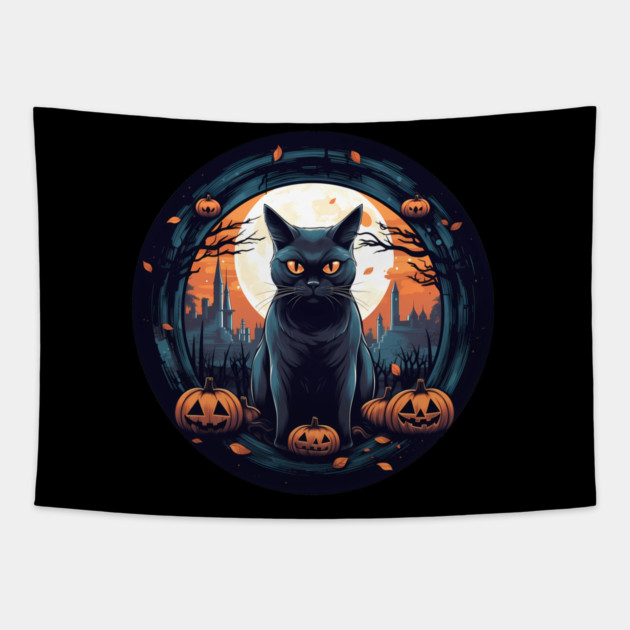 American Shorthair Black Cat Halloween, Cat Lover Tapestry by logiamerch