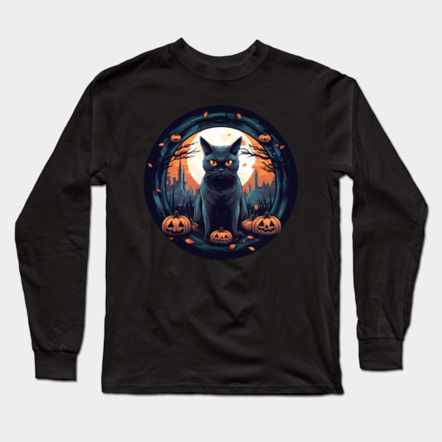 American Shorthair Black Cat Halloween, Cat Lover Long Sleeve T-Shirt by logiamerch