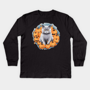 British Shorthair Cat Halloween, Cat Lover Kids Long Sleeve T-Shirt