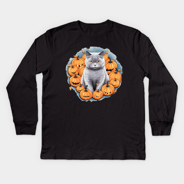 British Shorthair Cat Halloween, Cat Lover Kids Long Sleeve T-Shirt by logiamerch