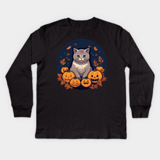 British Shorthair Cat Halloween, Cat Lover Kids Long Sleeve T-Shirt