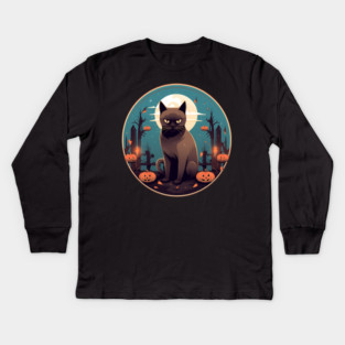 Burmese Cat Halloween, Cat Lover Kids Long Sleeve T-Shirt