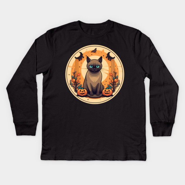 Burmese Cat Halloween, Cat Lover Kids Long Sleeve T-Shirt by logiamerch