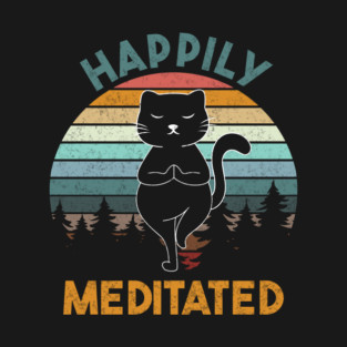 Happily Meditated Cute Cat Yoga Sunset design T-Shirt