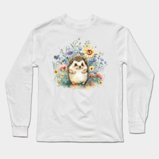Watercolor Hedgehog in Flowers Long Sleeve T-Shirt
