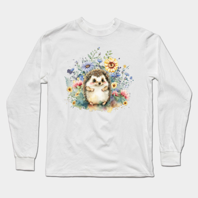 Watercolor Hedgehog in Flowers Long Sleeve T-Shirt by HolidayBug