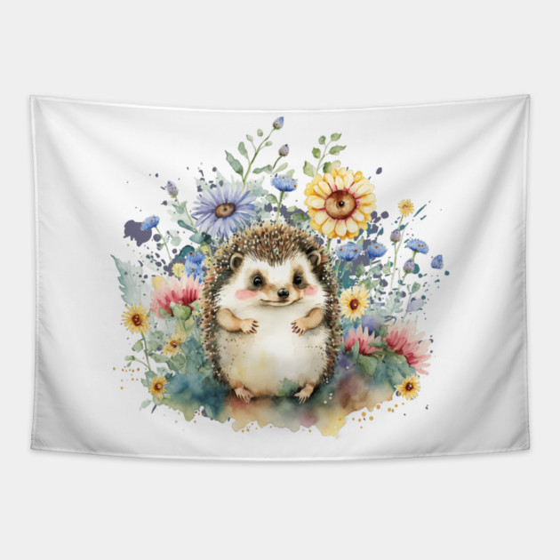 Watercolor Hedgehog in Flowers Tapestry by HolidayBug