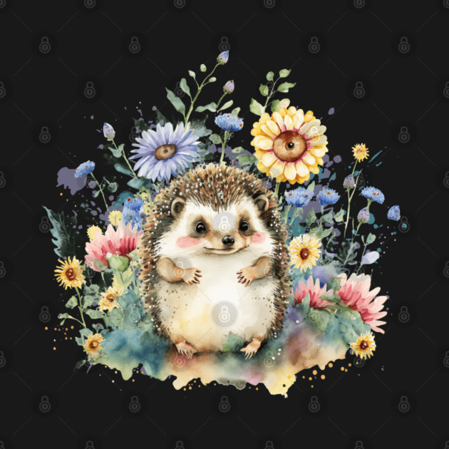 Watercolor Hedgehog in Flowers by HolidayBug